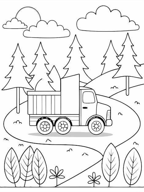 Dump Truck colouring book pages for children with vector design and background