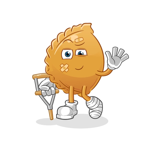 Dumpling sick with limping stick. cartoon mascot vector