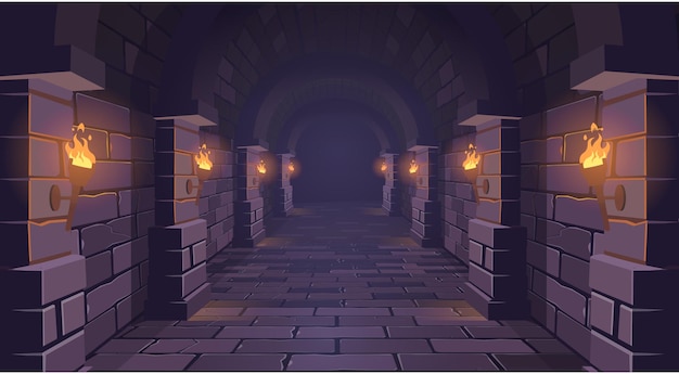 Dungeon Long medieval castle corridor with torches Interior of ancient Palace with stone arch