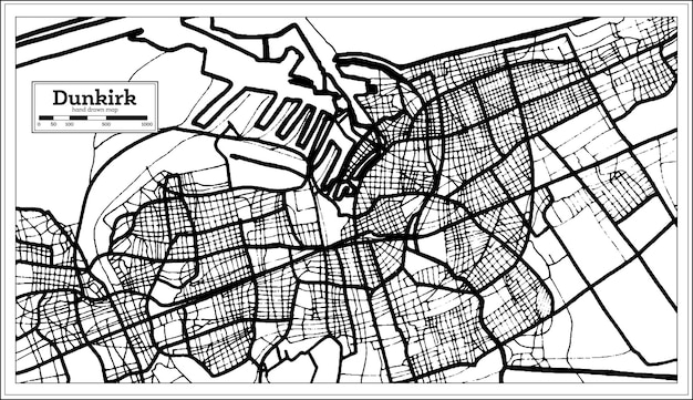 Dunkirk France City Map in Black and White Color in Retro Style Outline Map