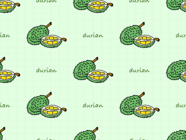 Durian cartoon character seamless pattern on green background