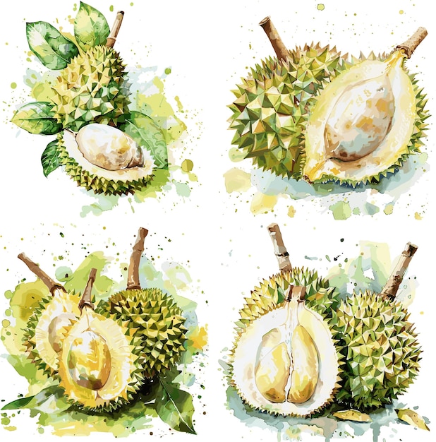 Durian fruit set watercolor isolated on white background