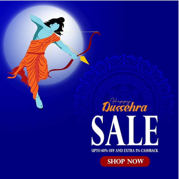 Dussehra offer sale banner with bow and arrow Lord Ram Ravan festival sale discount Background