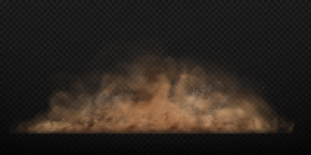 Dust sand cloud with stones and flying dusty particles isolated on transparent background. Brown dusty cloud or dry sand flying. Realistic vector illustration.