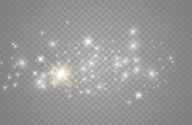 The dust sparks and golden stars shine with special light. sparkles on a transparent background. Sparkling magical dust particles.