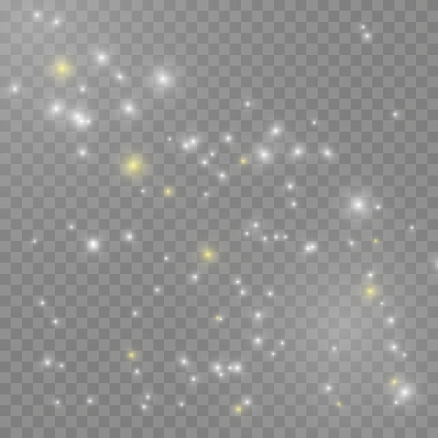 The dust sparks and golden stars shine with special light. Vector sparkles on a transparent background. Christmas light effect. Sparkling magical dust particles.