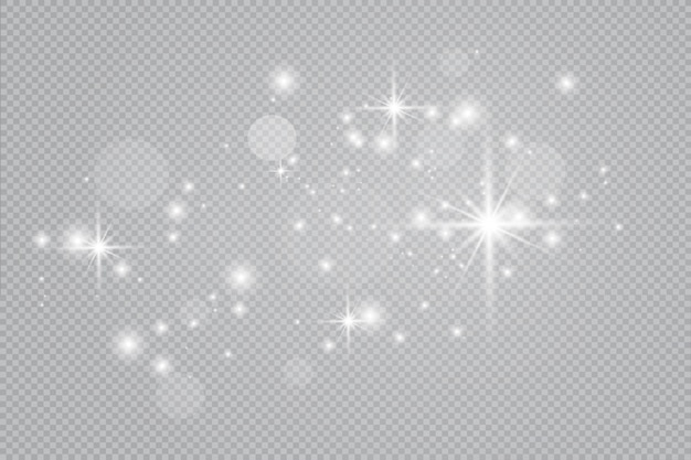 Dust white. White sparks and golden stars shine with special light.  sparkles on a transparent background. Sparkling magical dust particles.