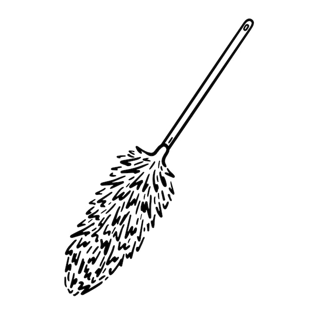 Duster with long handle for cleaning isolated on white hand drawn illustration in doodle style