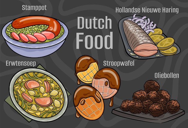 Dutch food A set of classic dishes Cartoon hand drawn illustration