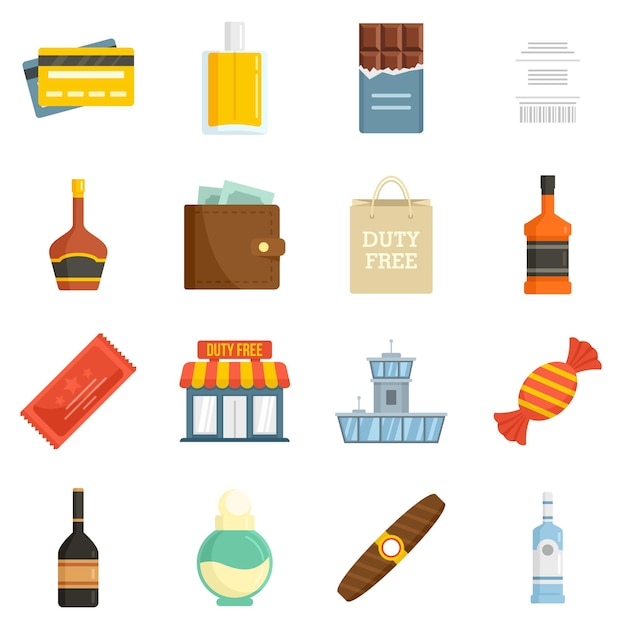 Duty free shop icons set. Flat set of duty free shop vector icons isolated on white background