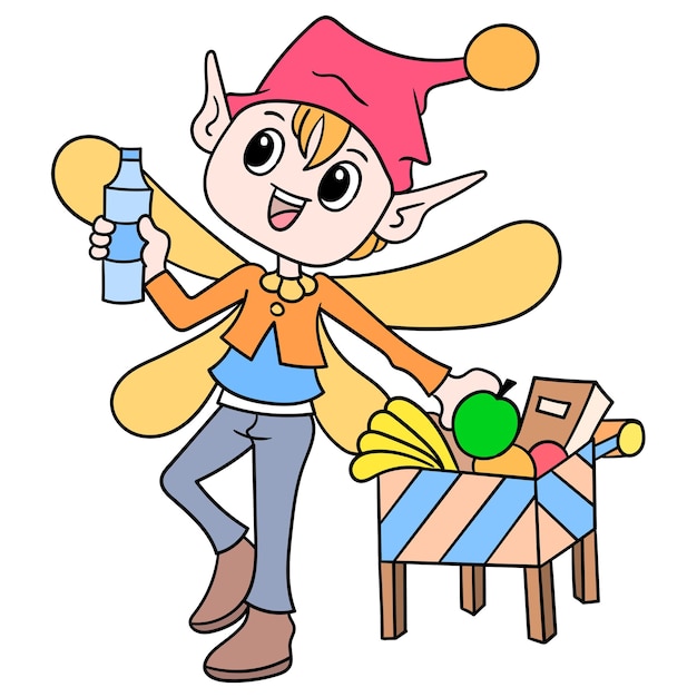 Dwarf fairy winged man was shopping for groceries, vector illustration art. doodle icon image kawaii.