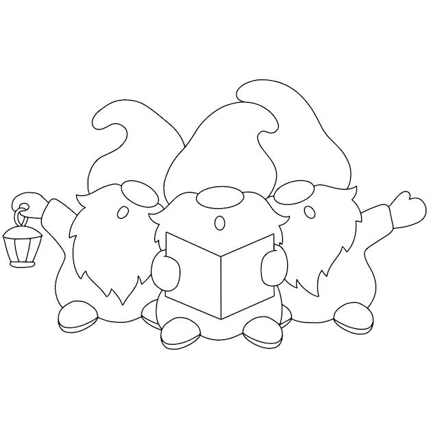 The dwarfs are singing Christmas carols Coloring book page for kids