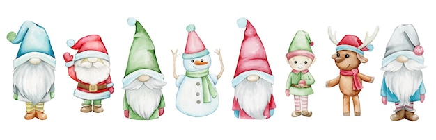 Dwarves, elf, reindeer, snowman, Santa Claus, Christmas set.