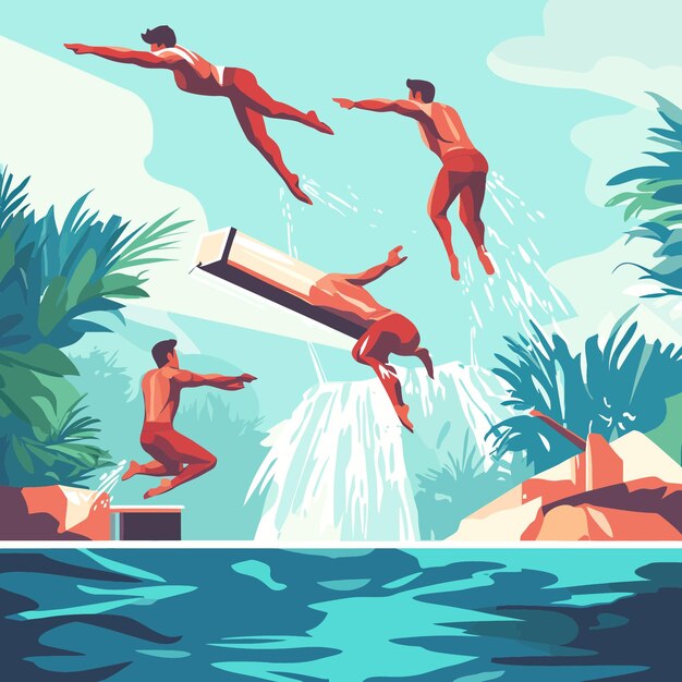 Vector dynamic athletes in action springboard diving concept vector illustration