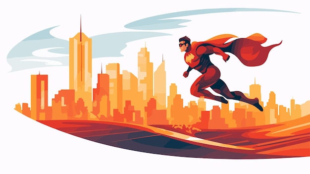 Vector dynamic cartoon superhero flying in bright costume background