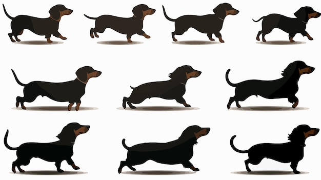 Vector dynamic dachshund silhouettes running in different poses