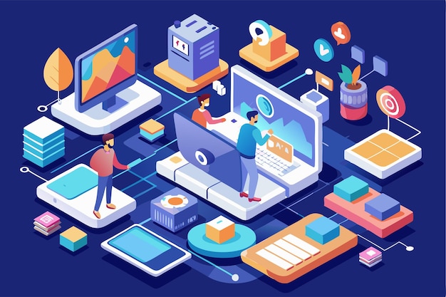 Vector a dynamic digital workspace features collaboration creativity and technology in a vibrant isometric style create your own brand with customizable isometric illustrations