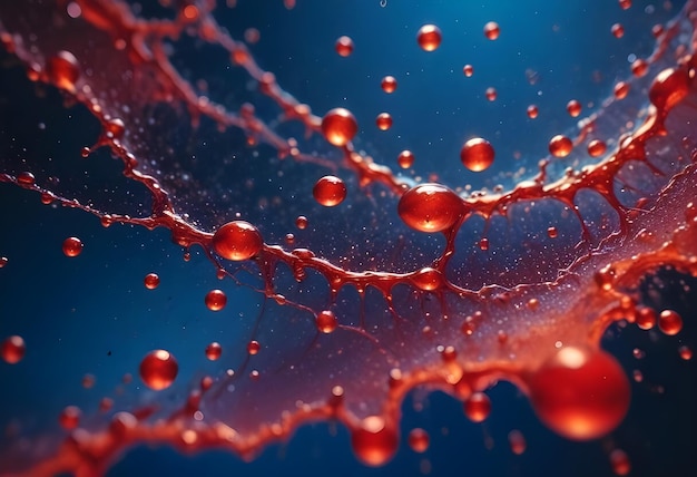 A dynamic explosion of red liquid forming droplets and tendrils against a dark blue background