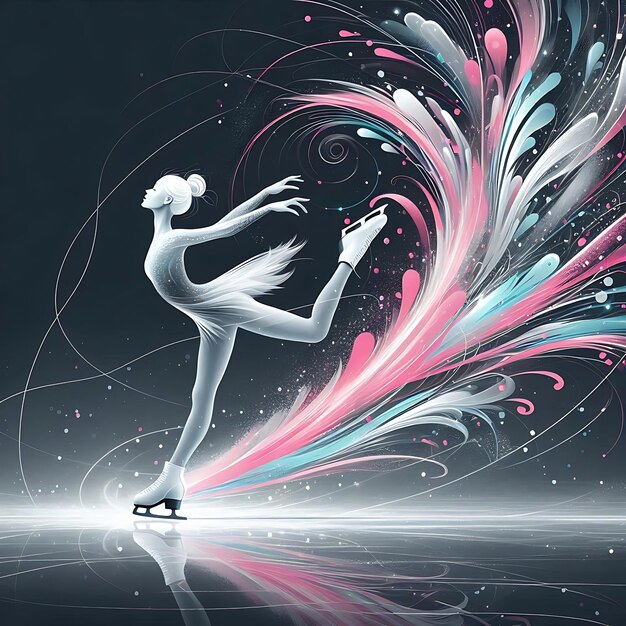 Vector dynamic figure skaters with swirling abstract colors and artistic effects