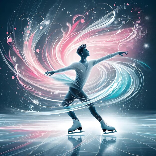 Vector dynamic figure skaters with swirling abstract colors and artistic effects