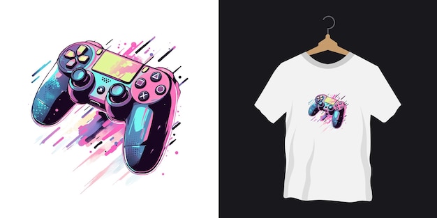 A dynamic glitchstyle illustration of a gamer character tshirt design