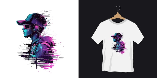 A dynamic glitchstyle illustration of a gamer character tshirt design