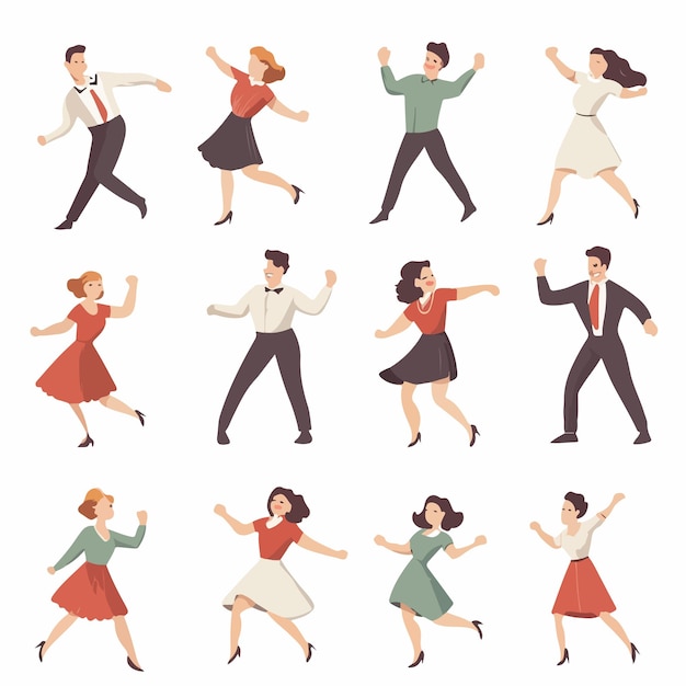 Vector dynamic lindy hop dance performance by man woman and pair