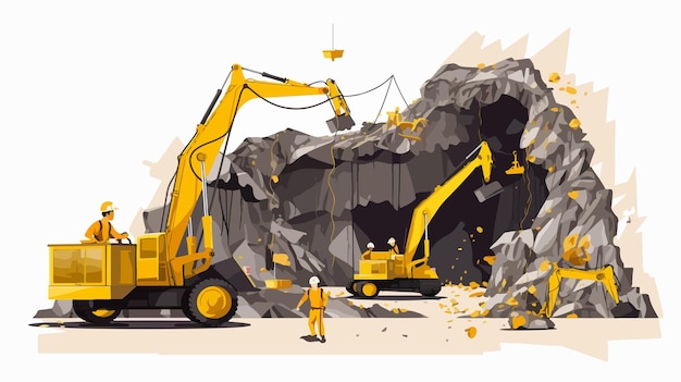 Vector dynamic ming cave construction site with workers and backhoe flat vector isolated illustration