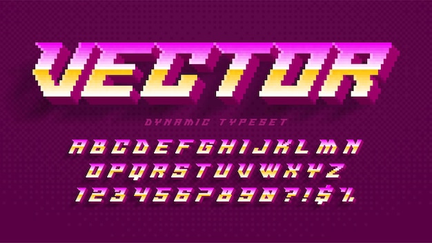 Dynamic pixel alphabet design stylized like in 8bit games High contrast and sharp retrofuturistic Easy swatch color control Resize effect