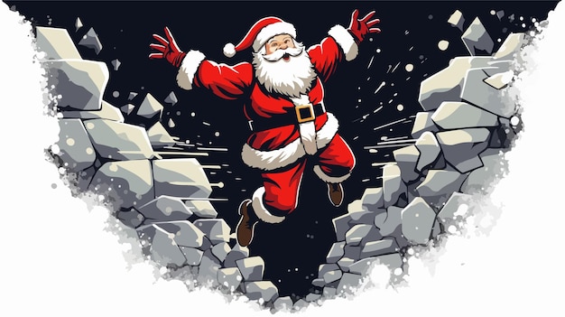 Vector dynamic santa claus jumping from wall illustration