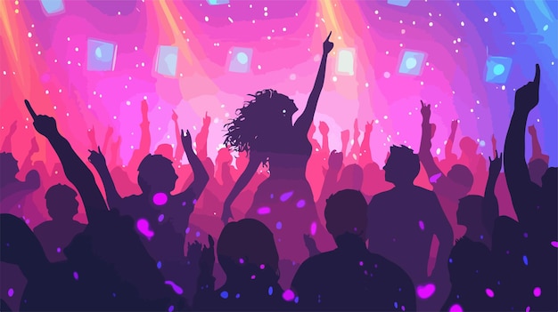 Vector dynamic silhouette of cheerful dancing crowd at concert disco