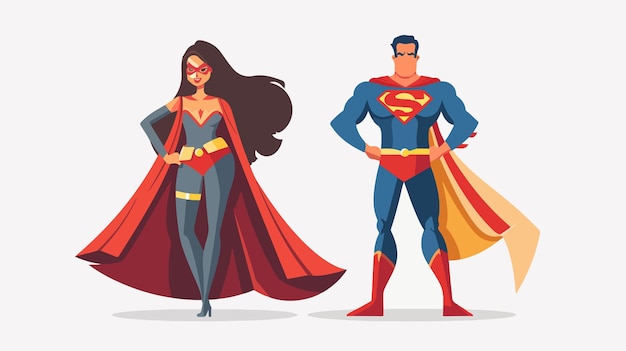 Dynamic Superhero Couple in Action Flat Vector Illustration