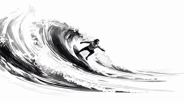 Vector dynamic surfer in wave brush ink sketch serigraph