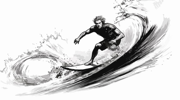 Dynamic Surfer in Wave Brush Ink Sketch Serigraph