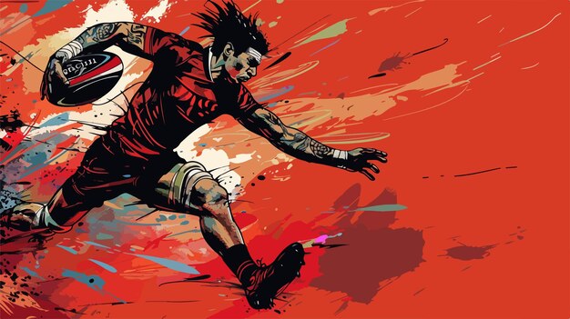 Dynamic Tattooed Young Man Jumping with Rugby Ball on Red Background