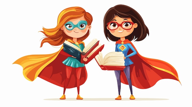 Dynamic Two Girls in Hero Costume with Books Illustration