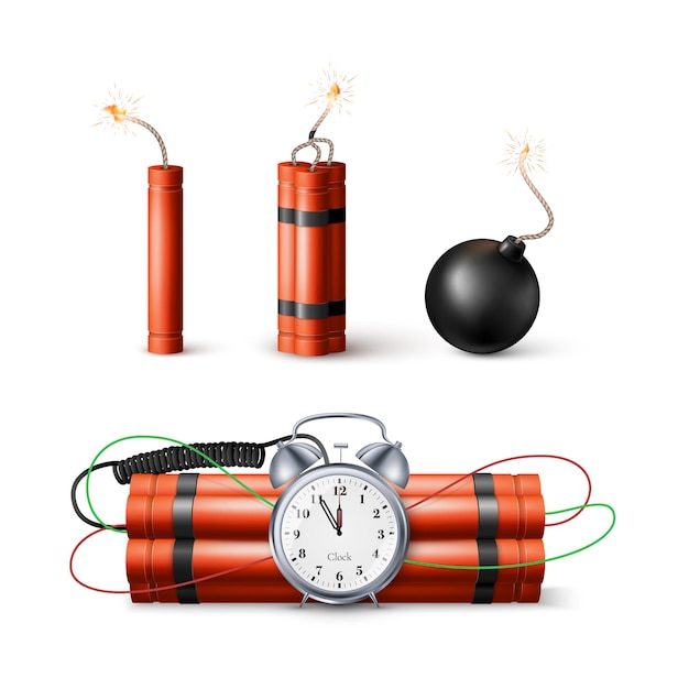 Dynamite Bomb with Countdown Clock and Black Sphere Bomb Military Detonate Weapon Vector illustration isolated on white