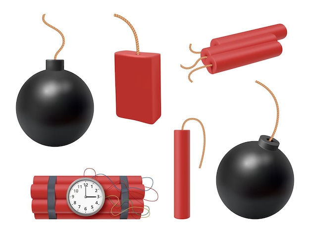 Dynamite stick Realistic bombs firecracker fire explosion dangerous weapons decent vector pictures set