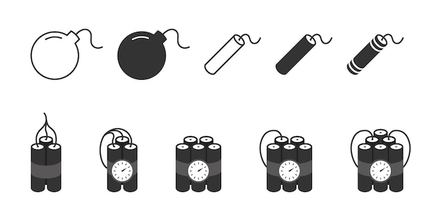 Dynamyte and bomb icon set Bomb with lit fuse sign collection Flat vector illustration