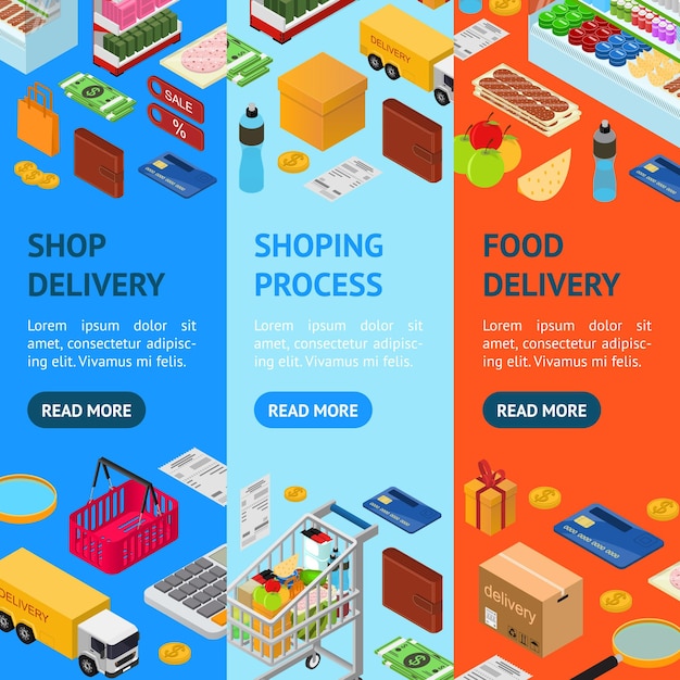 E-commerce Banner Vecrtical Set Mobile Shopping Technology Service Isometric View. Vector illustration