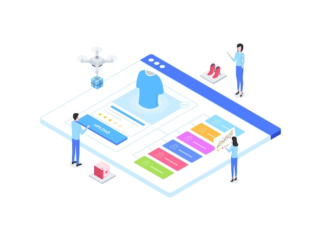 E-Commerce Catalog Upload Isometric Illustration. Suitable for Mobile App, Website, Banner, Diagrams, Infographics, and Other Graphic Assets.