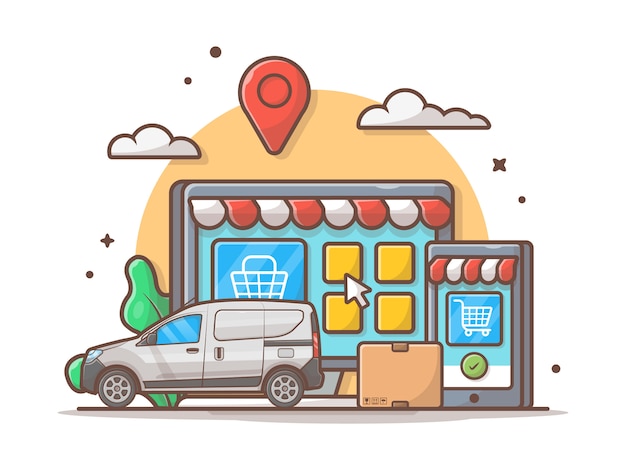 E-Commerce Delivery  Icon Illustration. Car And Online Shop, Business And Technology Icon  White Isolated