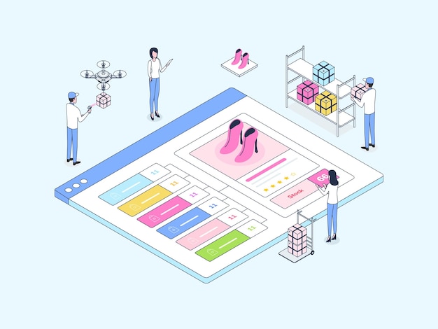 E-Commerce Omnichannel Synchronization Stock  Isometric Illustration Lineal Color. Suitable for Mobile App, Website, Banner, Diagrams, Infographics, and Other Graphic Assets.