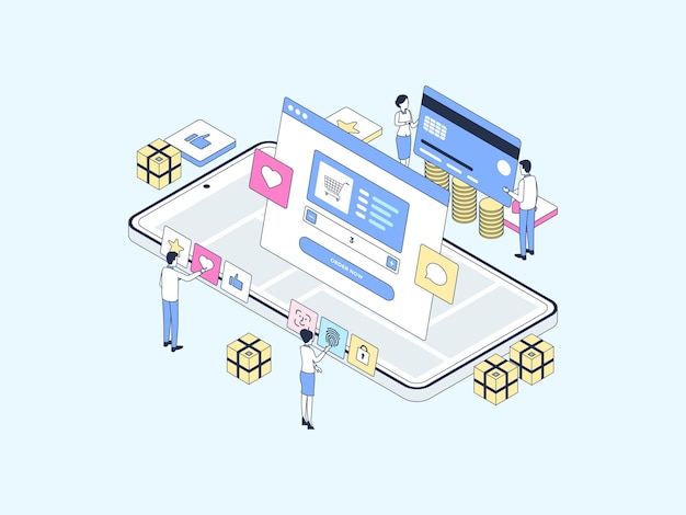 E-Commerce Order on Mobile Isometric Illustration Lineal Color. Suitable for Mobile App, Website, Banner, Diagrams, Infographics, and Other Graphic Assets.