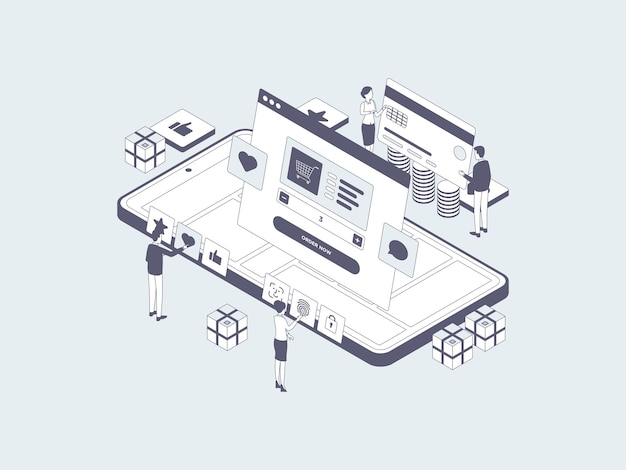 E-Commerce Order on Mobile Isometric Illustration Lineal Grey. Suitable for Mobile App, Website, Banner, Diagrams, Infographics, and Other Graphic Assets.