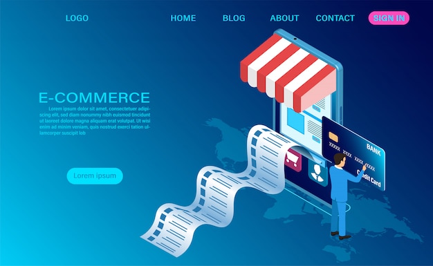 E-commerce shopping online with mobile.  3d isometric template