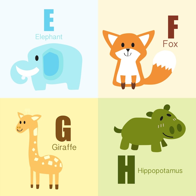 E to H animals alphabet illustration collection.