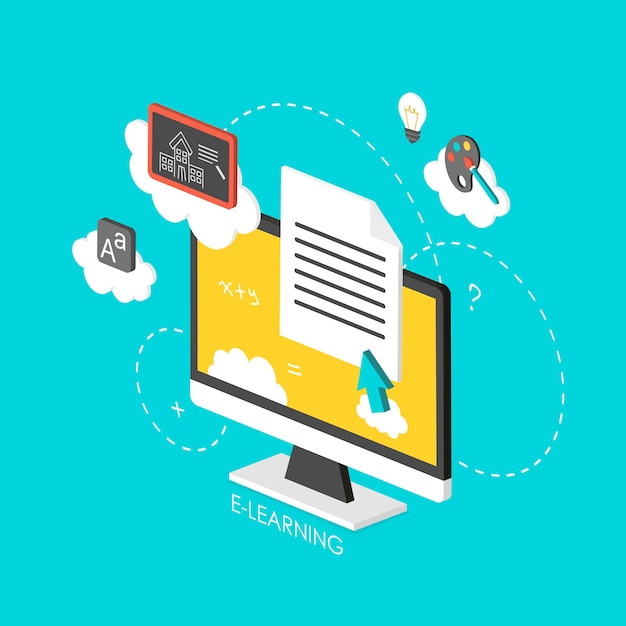 E-learning concept 3d isometric infographic with computer screen