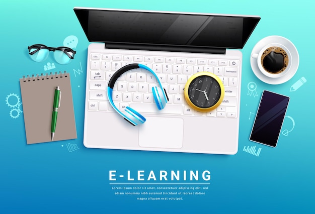 E learning school vector design Back to school e learning and distance education with laptop