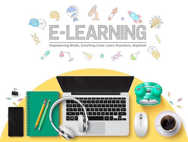 E learning school vector template design Back to school e learning text with laptop computer